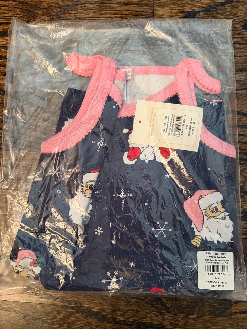 The Beaufort Bonnet Company Navy Santa Print Dress with Pink Trim